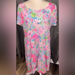 NWOT Lilly Pulitzer Geanna Short Sleeve Flock Full of Fun Dress XL Pink Blue